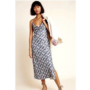 Anthropologie Elyse Printed Bias Slip MIDI Dress Blue Gray Shibori Tie Dye S 4 6